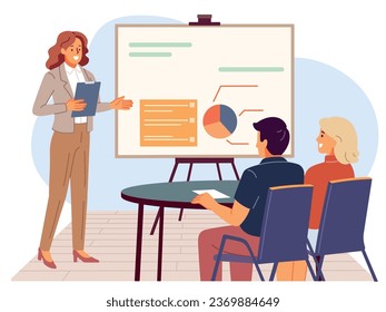 Business woman presentation. Female speaker on office seminar, manager shows report employees, partners and colleagues. Businesswoman presents infographic. Cartoon flat vector concept