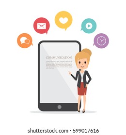 business woman presentation a mobile phone. communication infographic flat design.