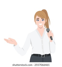 Business woman in presentation talking with microphone. Flat vector Character Illustration