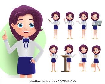 Business woman presentation vector character set. Student characters standing in presentation poses while speaking to the public and giving information isolated in white background.