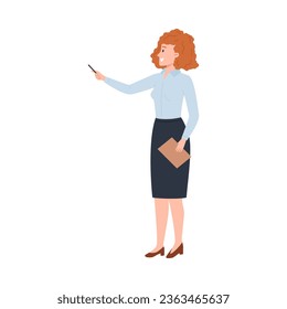 Presentadora de una mujer de negocios que explica una presentación, haciendo un informe o discurso, ilustración vectorial plana aislada en fondo blanco. Presenter presenta una presentación.