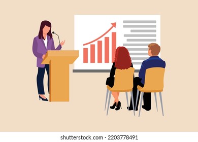 Business woman presenting about sales graph in front of investor. Boss move concept. Colored flat graphic vector illustration isolated.