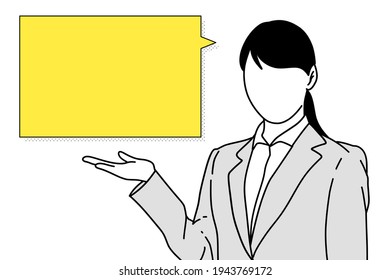 Business woman presenting with bubble speech at office hand draw style pictogram vector flatline design illustration.
