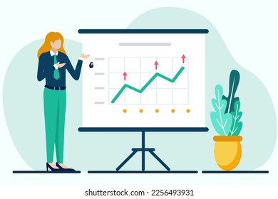 Business woman presenting graph on whiteboard. Vector illustration in flat style