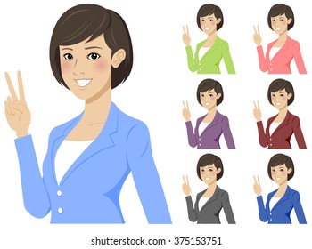 business woman presenting. japanese. peace sign. Vector illustration