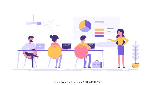 Business woman presenting new project to her partners and colleagues. She is showing graphs and pie charts. Coach giving presentation to clients at conference meeting room. Modern vector illustration.