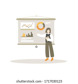 Business woman presenting new project. Character shows presentation on projection screen. Flat vector illustration isolated on white background.