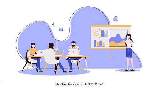 Business woman presenting new project to her partners and colleagues. She is showing graphs and pie charts. Coach giving presentation to clients at conference meeting room. Modern vector illustration.