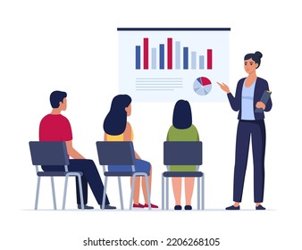 Business woman presenting new project to her partners and colleagues. She is showing graphs and pie charts. Coach giving presentation to clients. Vector illustration