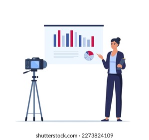 Business woman presenting new project on camera. She is showing graphs and pie charts. Coach giving presentation online. Vector illustration