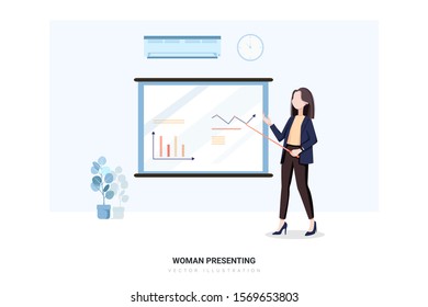 Business Woman Presenting in the Office. Can use for web banner, infographics, hero images. Flat style color modern vector illustration.