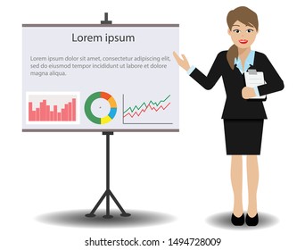 Business woman presenting project on visual white board. Idea for business startup/ project presentation. Vector Illustration. Isolated on white background.