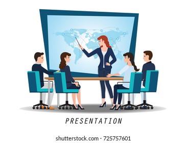 Business woman presenting world business on whiteboard with business people sitting on presentation at office, business presentation conceptual vector illustration.