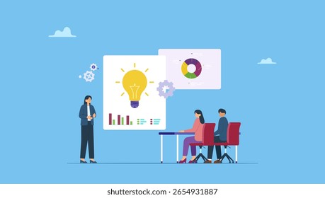 Business woman presents idea lightbulb in front of her colleagues. Symbolzes idea pitching, startup idea or business idea to make money presentation, investment discussion.