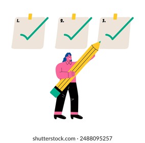 Business woman prioritized sticky notes being ticked. Scheduled work progress concept. Flat vector illustration isolated on white background 
