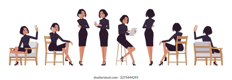 Business woman professional lady set, attractive woman with gadgets. Office girl, female manager, classic black fit turtleneck, skirt. Vector flat style cartoon character isolated on white background