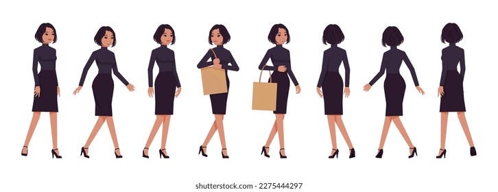 Mujer de negocios ambientada mujer profesional, atractiva mujer camina, corre poses. Chica de oficina, mujer gerente, cuello negro clásico, falda. Caricatura vectorial de estilo plano aislado, fondo blanco