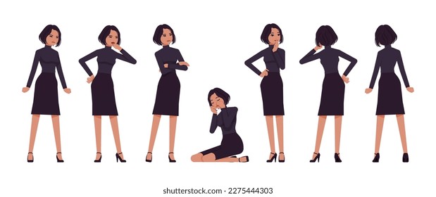 Business woman professional lady set, brunette girl negative emotion. Office girl, female manager, classic black fit turtleneck, skirt. Vector flat style cartoon character isolated white background