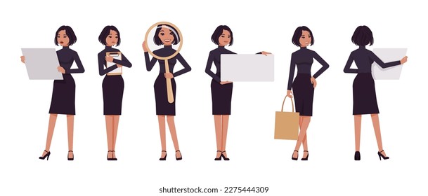 Business woman professional lady set, attractive woman holding items. Office girl, female manager, classic black fit turtleneck, skirt. Vector flat style cartoon character isolated on white background