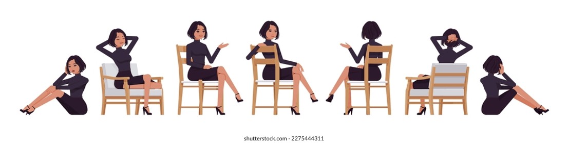 Business woman professional lady set, attractive woman sitting poses. Office girl, female manager, classic black fit turtleneck, skirt. Vector flat style cartoon character isolated, white background