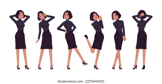 Business woman professional lady set, attractive woman positive emotion. Office girl, female manager, classic black fit turtleneck, skirt. Vector flat style cartoon character isolated white background