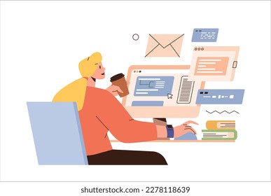 Business woman programmer working online. Female smm manager freelancer engaged in mailing. Software developer using free internet coding services on computer. Self-employed worker vector illustration