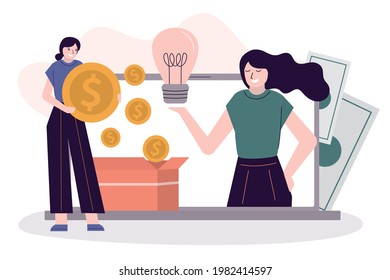 Business woman proposes idea on laptop screen. Female investor give finances in development of idea. Concept startup, investing process and crowdfunding. Business incubator. Flat Vector illustration