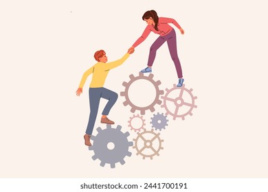 Business woman provides support to weak colleague by helping climb stack of gears, showing commitment to teamwork. Guy and girl from startup support each other to achieve career success