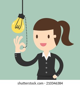 Business Woman Pulling Light Switch, Idea Concept