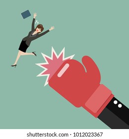 Business woman punched by her boss big hand. Vector illustration