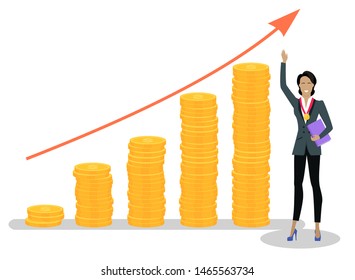 Business woman with purple folder and golden medal on chest holding her hand up in front of growing red graph. Monetary profit and investment financial concept. Flat cartoon