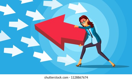 Business Woman Pushing Arrow Vector. Opponent  Concept. Opposite Direction. Standing Out From The Crowd. Against Obstacles. Cartoon illustration 

