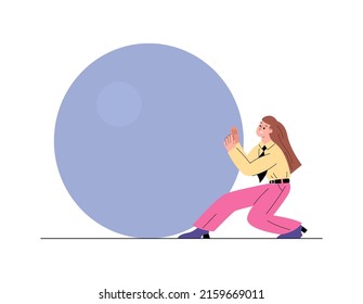 Business woman pushing big stone with great effort, flat cartoon vector illustration isolated on white background. Business challenges and obstacles overcoming.