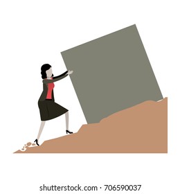 business woman pushing a block over rock landscape and white background vector illustration