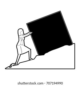 business woman pushing a block over rock landscape black silhouette and thick contour vector illustration
