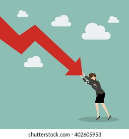Business woman pushing hard against falling graph down. Business Concept