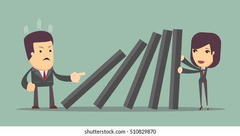 Business woman pushing hard against falling deck of domino tiles. Business Concept