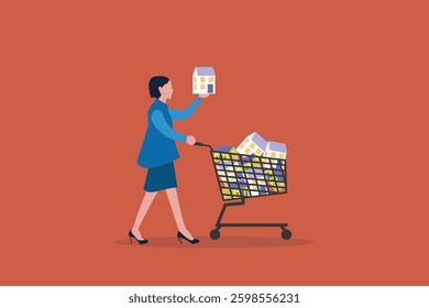 Business woman pushing house inside shopping cart. concept of Home buyer, purchasing new house, real estate, property investment or mortgage, and Property purchase