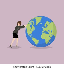 Business woman pushing the world forward. Vector illustration