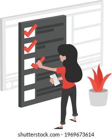 Business woman puting a checkmark in a task list on a giant smartphone. Modern flat vector illustration