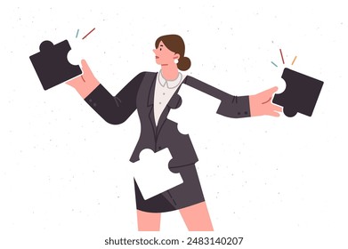 Business woman puts herself together from puzzle, wanting to become better in order to achieve success in career. Business lady with jigsaw pieces as metaphor for working on changing mental state