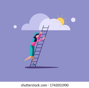 Business woman puts information and data on a cloud service. Data in database on cloud services metaphor. Isolated on purple. Flat Art Vector Illustration