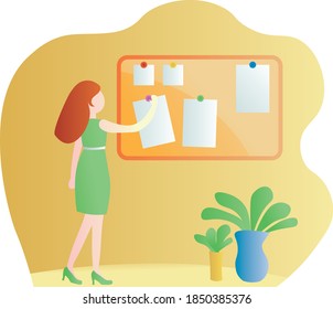 Business Woman Putting Paper Note On Pin Board At Office. Working At Corporate Office. Concept Art. Vector Drawing EPS 10.