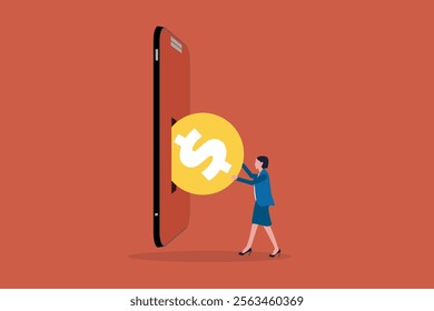 Business woman putting US dollar coin in a mobile phone. Concept of Send mobile recharge online, Mobile top-up, Recharge, and Refill