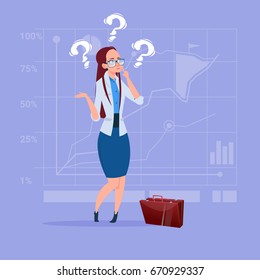 Business Woman With Question Mark Pondering Problem Concept Flat Vector Illustration