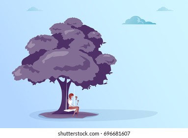 Business Woman With Question Mark Sit Pondering Under Tree Problem Concept Vector Illustration