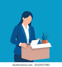 Business woman quite job. Desperate asian young businesswoman resigning from company, hand holding cardboard, packing belongings, stuff into box flat vector illustration