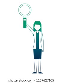 business woman raised hand with magnifying glass
