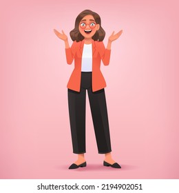 Business woman raised her hands up in delight. Amazed and surprised expression. Vector illustration in cartoon style