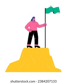 Business woman raises flag on top of mountain. goal achievement, successful manager concept. Flat vector illustration isolated on white background
